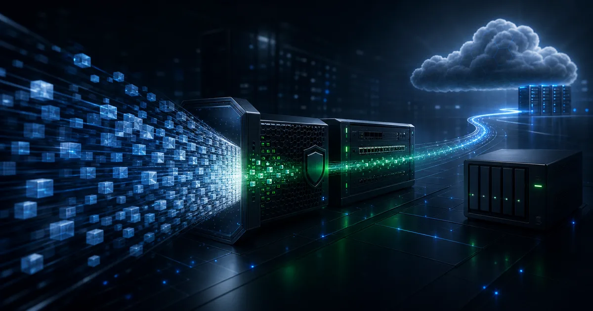 Duplicate backup traffic collapsing before a network path, leaving a small optimized stream for EBA Smart Transport