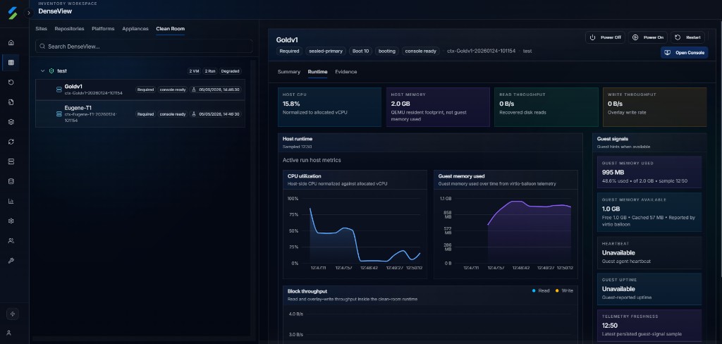 Sendense Clean Room runtime console with workload telemetry and power controls